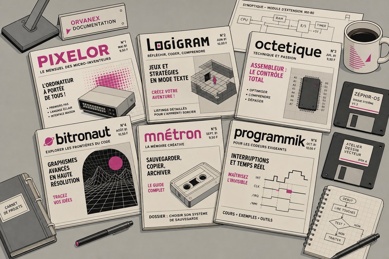 Illustration d'une pile de magazines informatiques français du début des années 1980 aux couvertures colorées