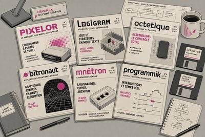 Illustration d'une pile de magazines informatiques français du début des années 1980 aux couvertures colorées