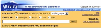 Capture d'écran du simulateur reconstituant l'interface d'AltaVista.com telle qu'elle apparaissait en 1999