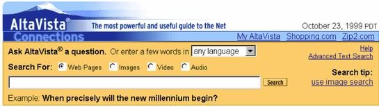 Capture d'écran du simulateur reconstituant l'interface d'AltaVista.com telle qu'elle apparaissait en 1999
