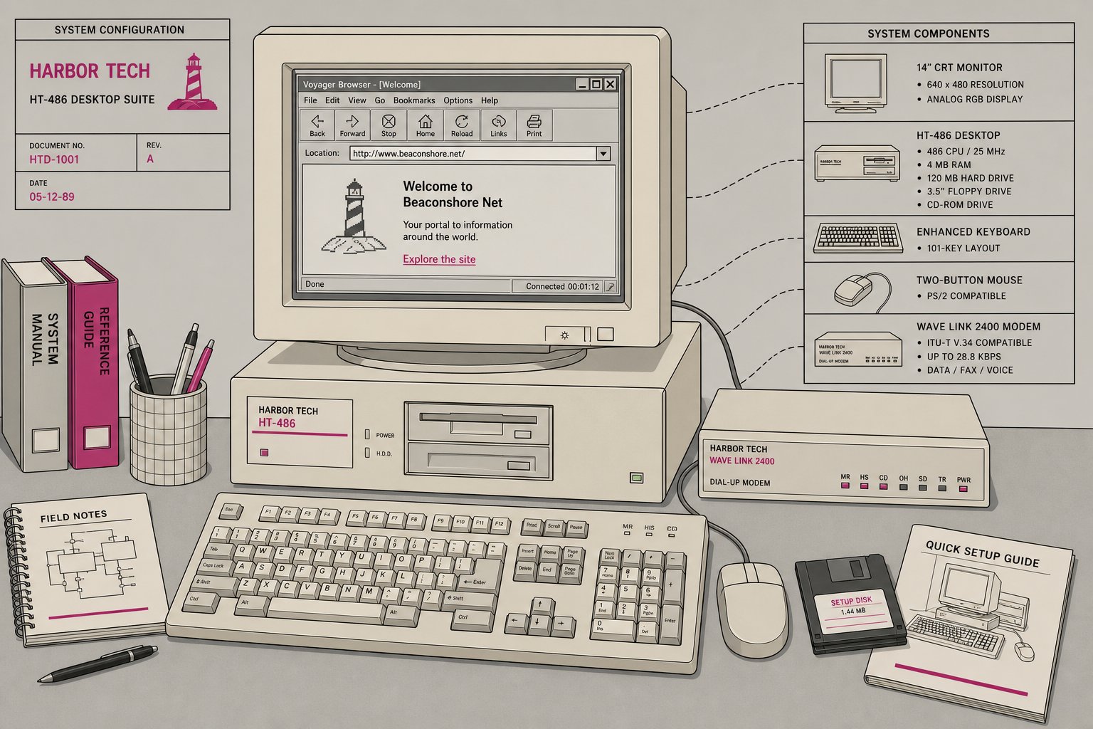 Illustration d'un ordinateur de bureau avec écran CRT affichant une simple page web grise de la fin des années 1990