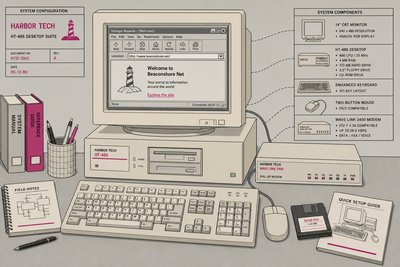 Illustration d'un ordinateur de bureau avec écran CRT affichant une simple page web grise de la fin des années 1990