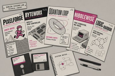 Illustration de plusieurs couvertures de magazines informatiques vintage éventail sur une table