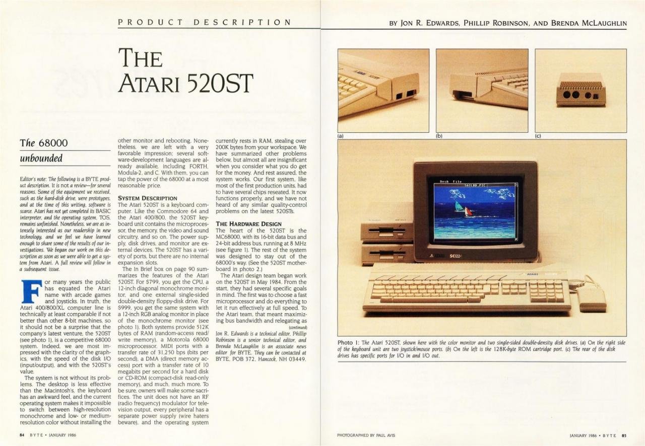 Article de magazine BYTE de janvier 1986 présentant l'Atari 520 ST, écran couleur et deux lecteurs de disquettes