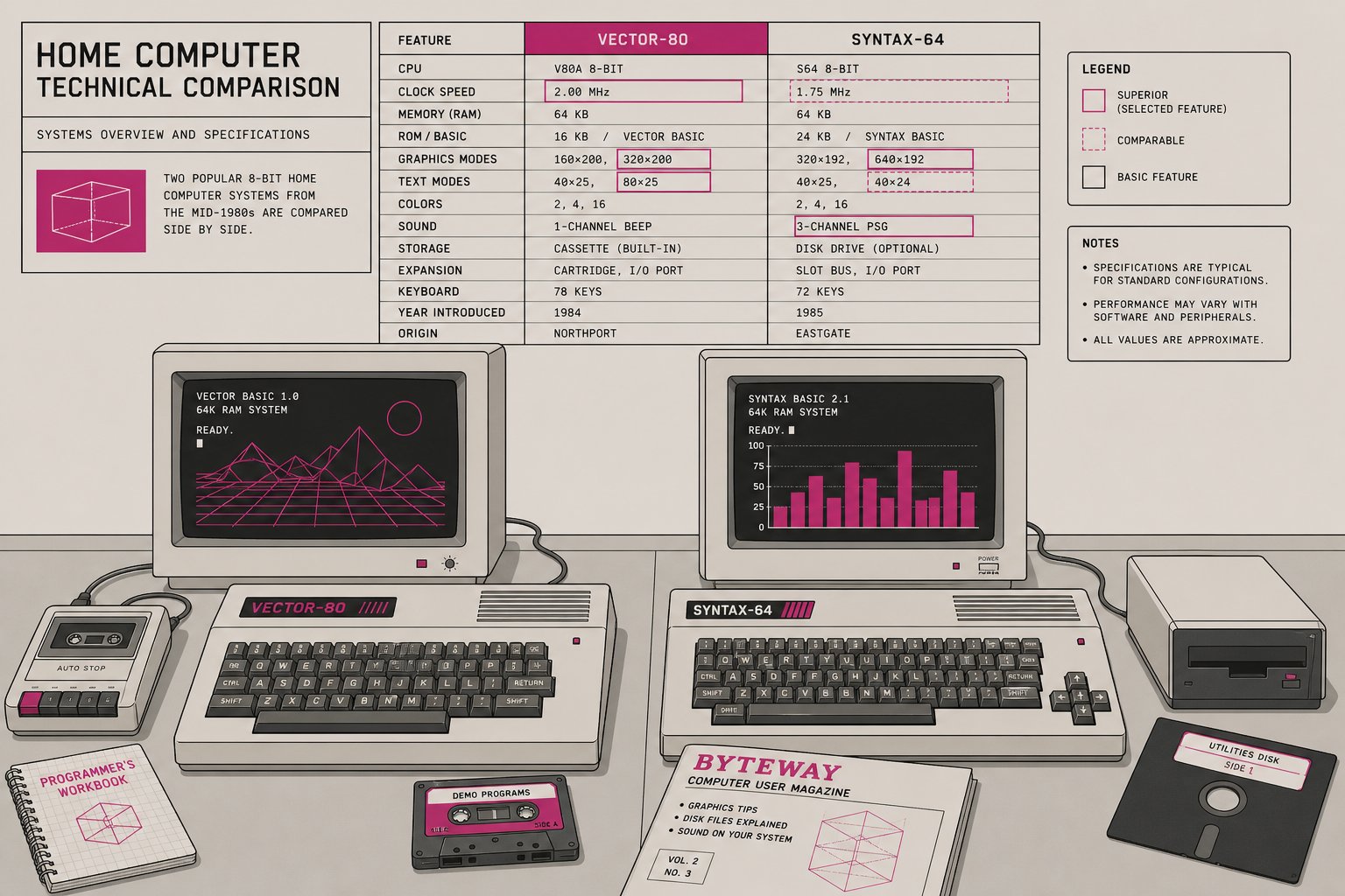 Illustration de deux ordinateurs des années 1980 posés côte à côte sur un bureau, chacun relié à son propre écran