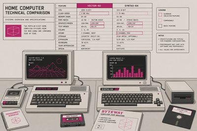 Illustration de deux ordinateurs des années 1980 posés côte à côte sur un bureau, chacun relié à son propre écran