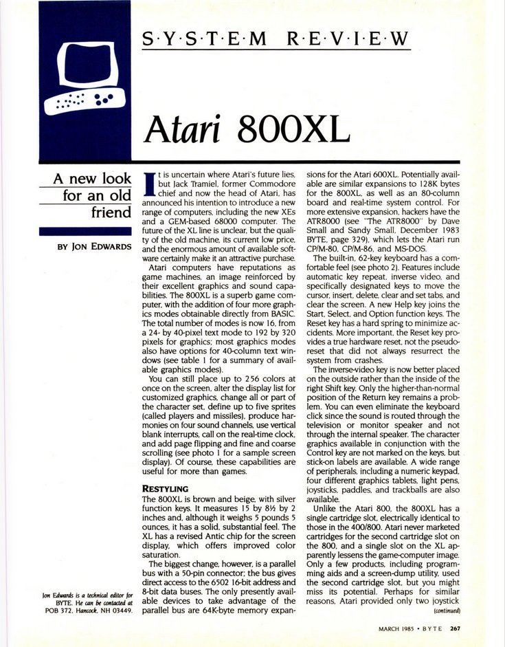Article du magazine américain BYTE de mars 1985 consacré à l'Atari 800XL