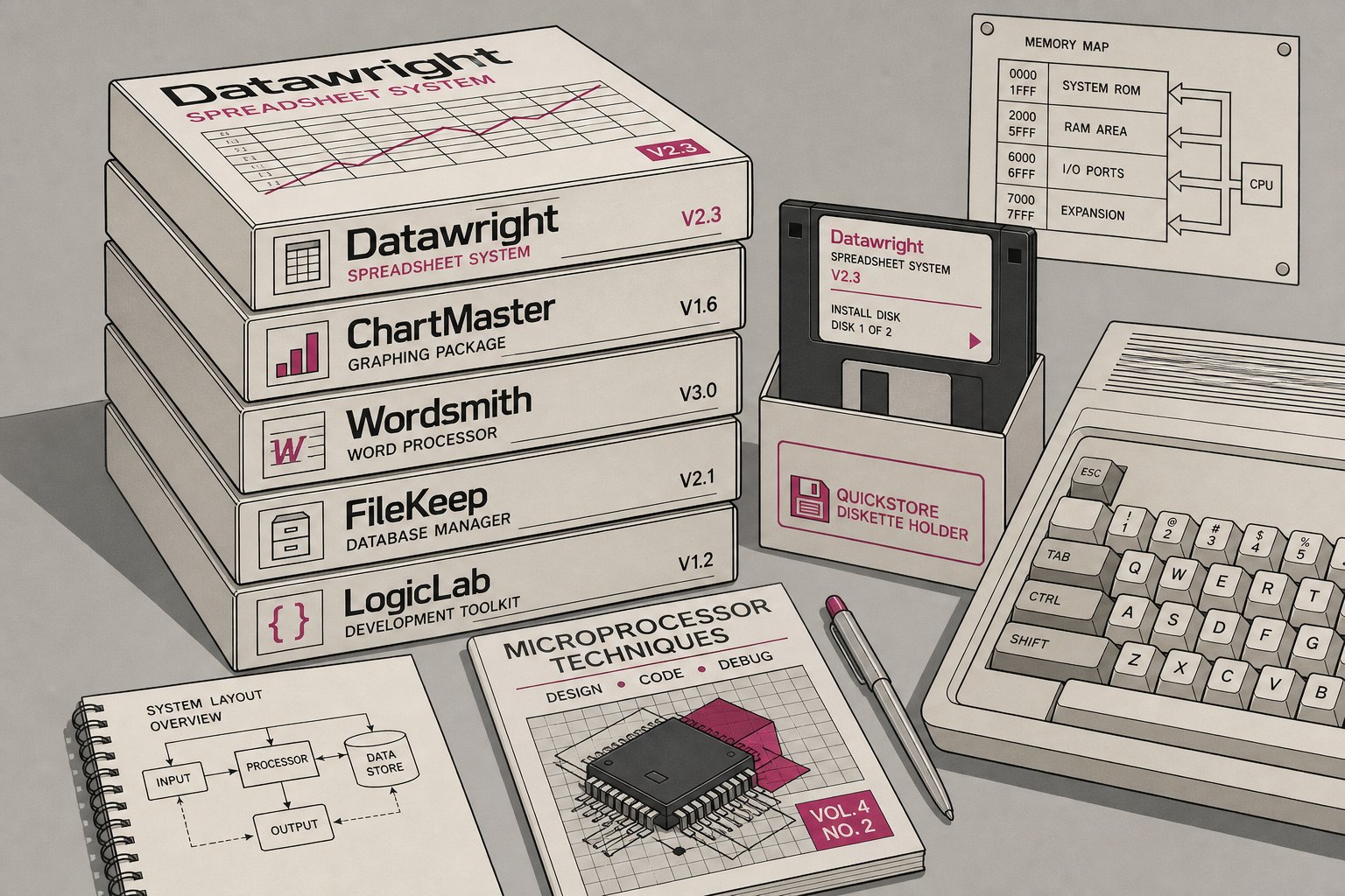 Illustration d'une pile de boîtes de logiciels des années 1980 aux couvertures colorées, posées sur un bureau