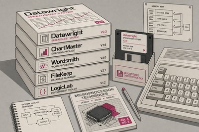 Illustration d'une pile de boîtes de logiciels des années 1980 aux couvertures colorées, posées sur un bureau