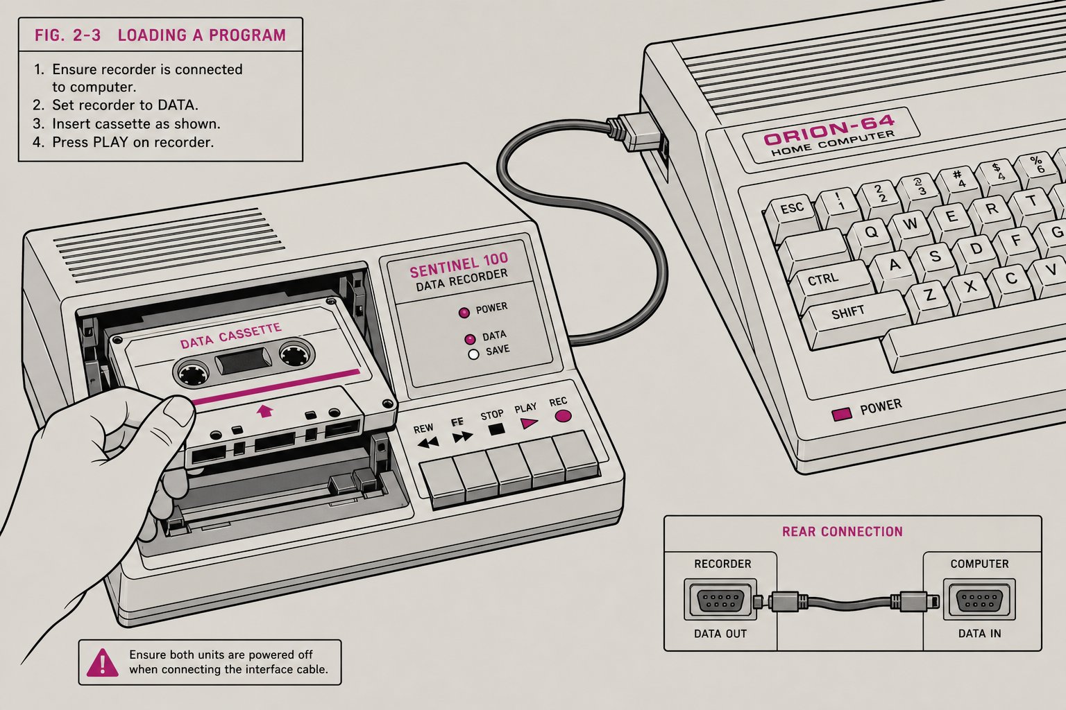 Illustration d'une cassette audio chargée dans un magnétophone relié à un ordinateur des années 1980, vue rapprochée