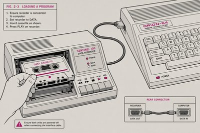 Illustration d'une cassette audio chargée dans un magnétophone relié à un ordinateur des années 1980, vue rapprochée