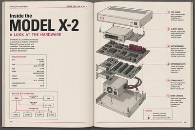 Illustration d'une double page de magazine technique avec un schéma éclaté de composants informatiques