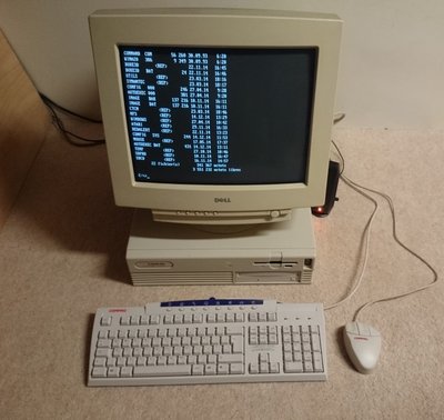 Compaq Prolinea 4/33S sous MS-DOS, écran Dell affichant un listing de fichiers, clavier et souris Compaq posés devant l'unité centrale