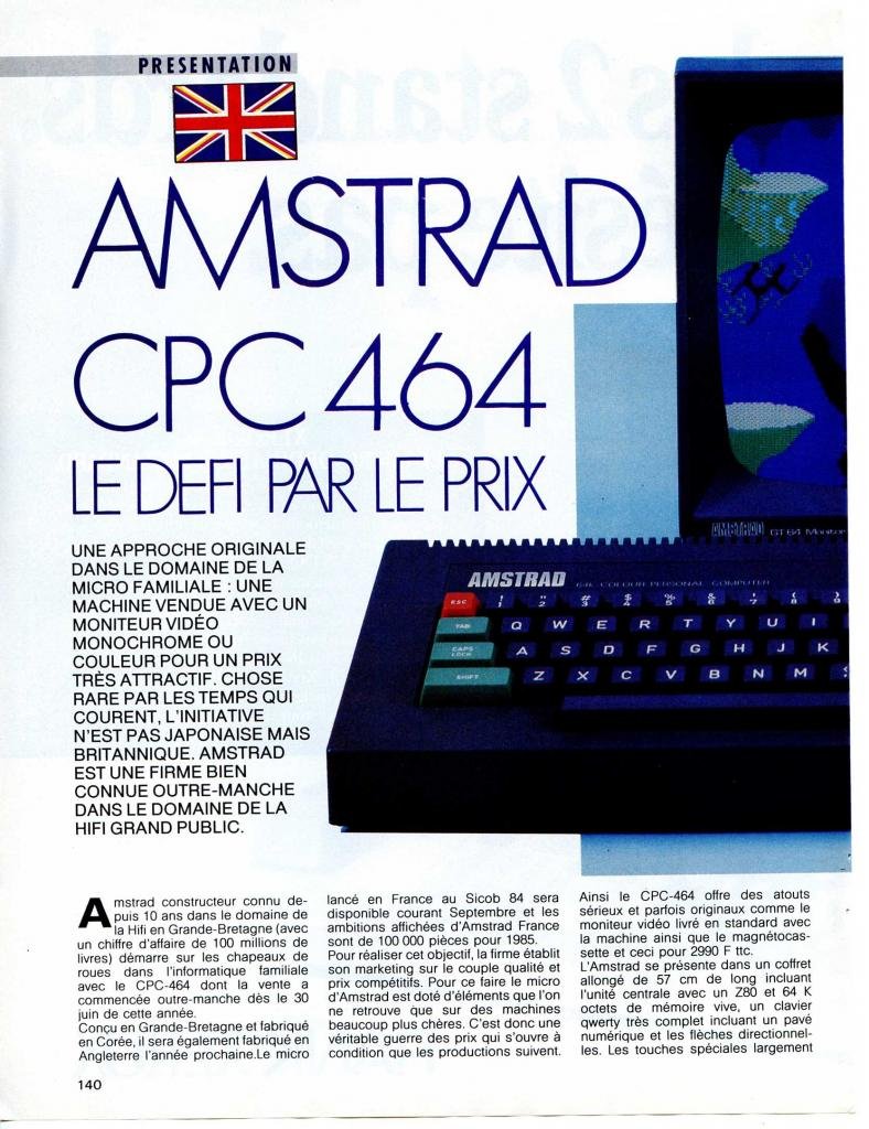 Article de magazine français de 1984 présentant l'Amstrad CPC 464