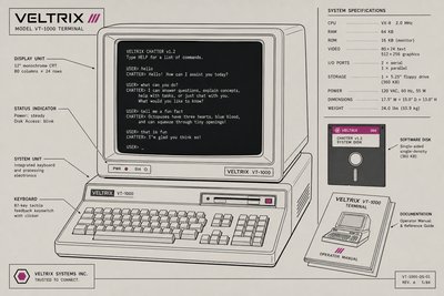 Illustration d'un terminal informatique affichant une conversation textuelle avec un programme conversationnel