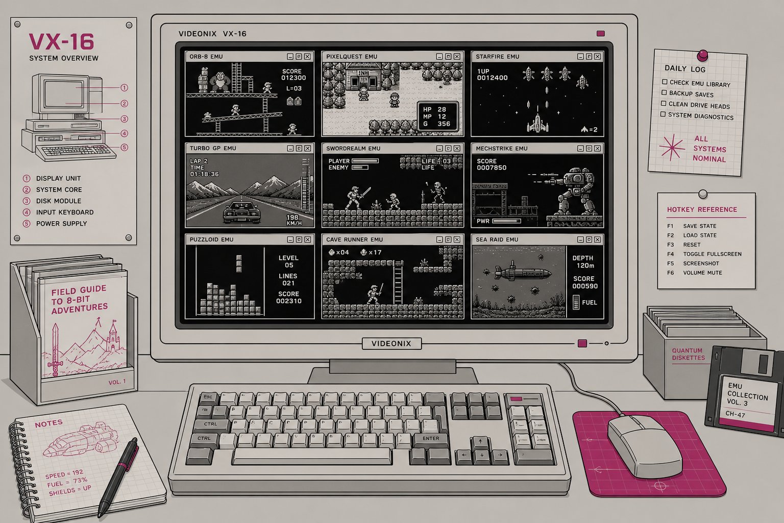 Illustration d'un écran d'ordinateur divisé en plusieurs fenêtres, chacune affichant un jeu vidéo rétro différent