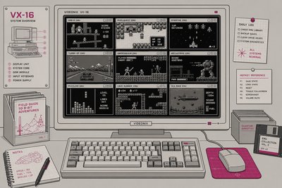Illustration d'un écran d'ordinateur divisé en plusieurs fenêtres, chacune affichant un jeu vidéo rétro différent