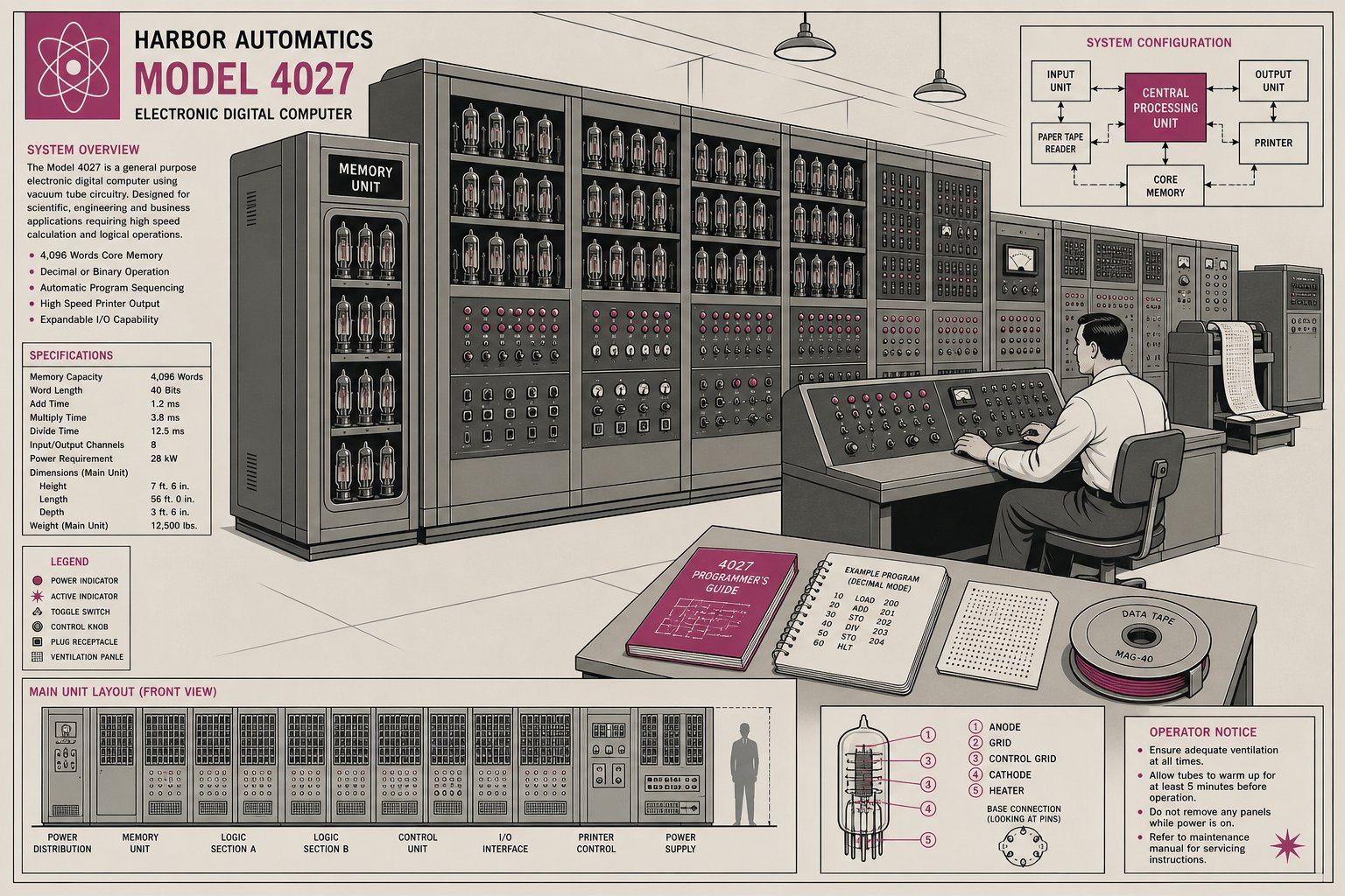 Illustration d'un grand ordinateur électronique des années 1940 remplissant une salle, avec rangées de tubes à vide et voyants lumineux