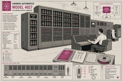 Illustration d'un grand ordinateur électronique des années 1940 remplissant une salle, avec rangées de tubes à vide et voyants lumineux