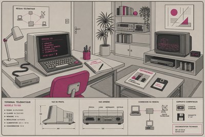 Illustration d'un salon meublé dans le style des années 1980 avec un terminal Minitel posé sur un bureau