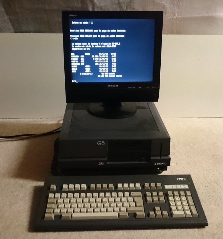 Goupil G5 286 VGA complet avec écran Samsung, unité centrale et clavier mécanique estampillé Goupil, écran affichant une invite MS-DOS