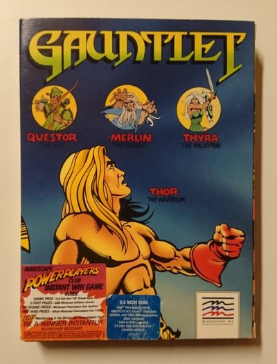 Boîte de la version IBM PC / Apple II de Gauntlet, éditée par Mindscape Inc., avec ses quatre personnages illustrés