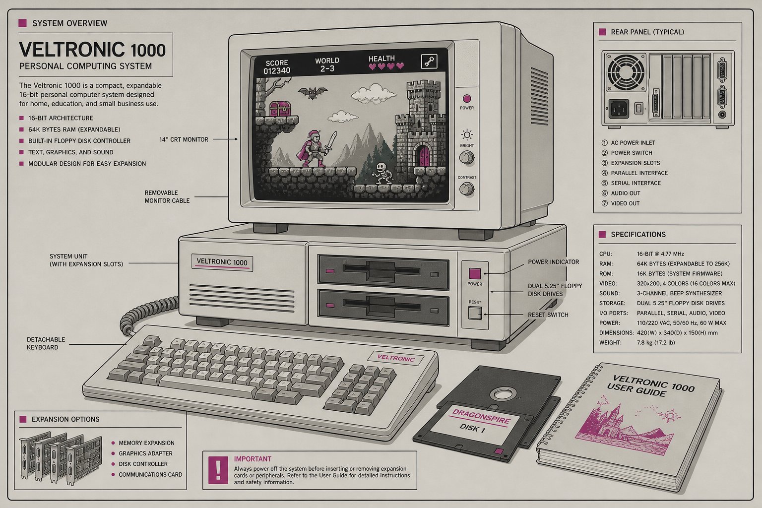 Illustration d'une tour d'ordinateur des années 1980 reliée à un écran affichant un jeu de plateforme fantastique coloré