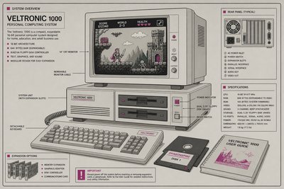 Illustration d'une tour d'ordinateur des années 1980 reliée à un écran affichant un jeu de plateforme fantastique coloré