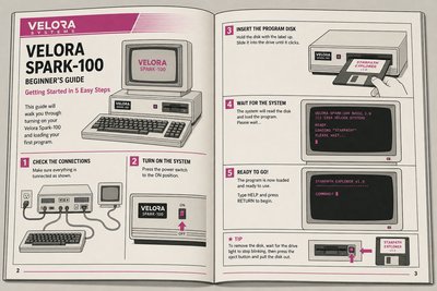 Illustration d'un guide pour débutant ouvert, avec des schémas expliquant comment allumer et charger un programme
