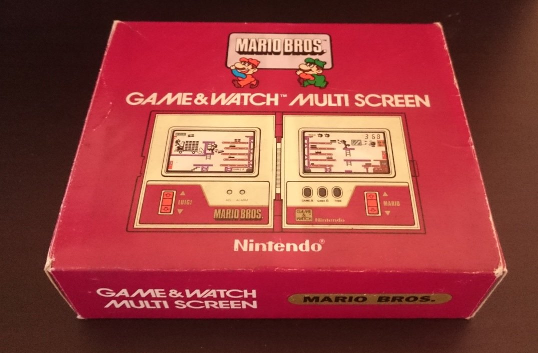 Boîte du Game & Watch Multi Screen Mario Bros. de Nintendo, illustrant les deux écrans du jeu