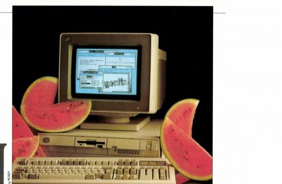 IBM PS/2 8555SX avec écran VGA couleur, unité centrale et clavier, présenté dans un banc d'essai de presse