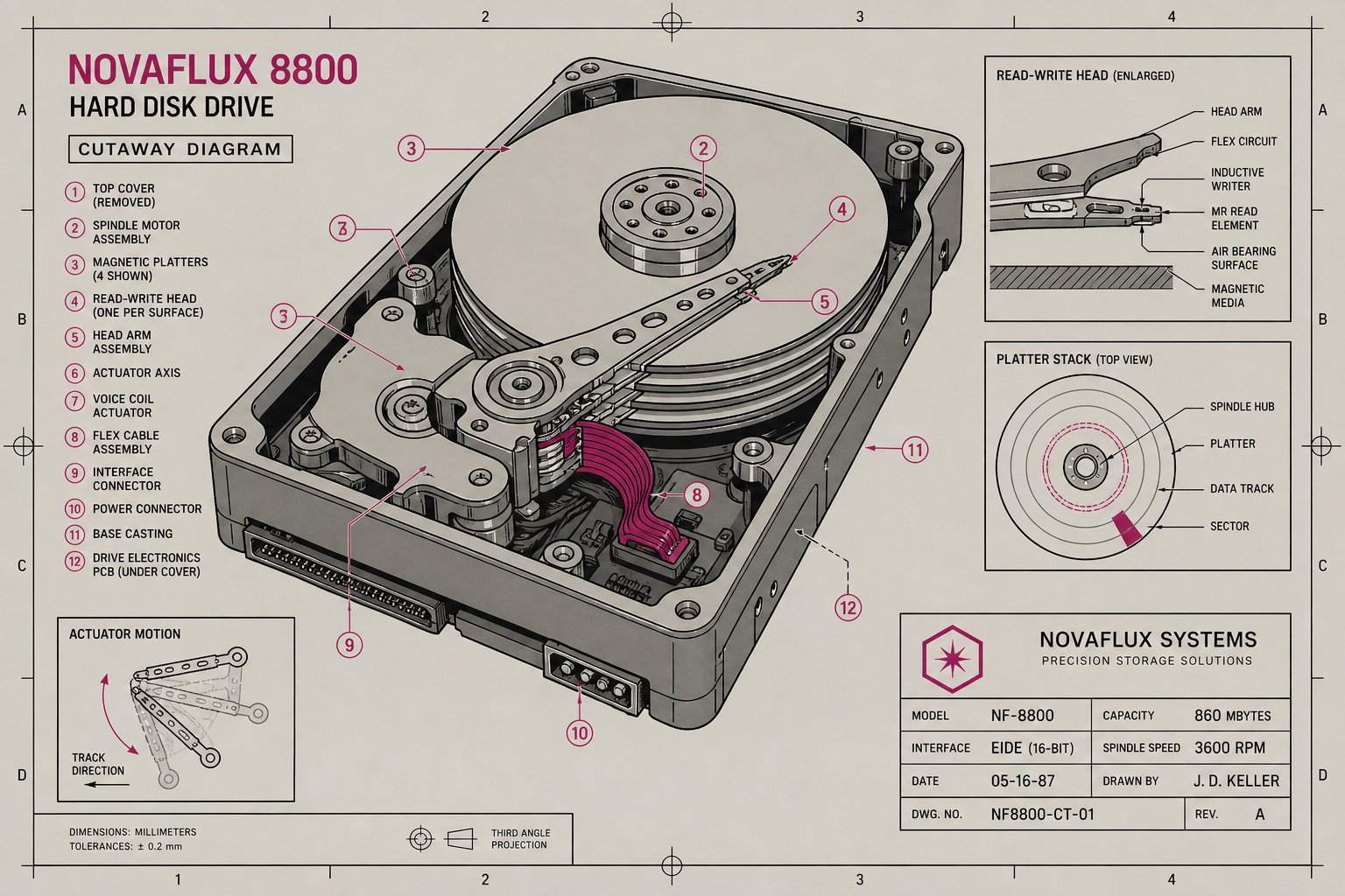 Illustration technique en coupe d'un disque dur montrant les plateaux magnétiques et le bras de lecture