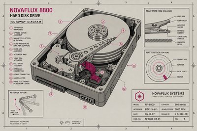 Illustration technique en coupe d'un disque dur montrant les plateaux magnétiques et le bras de lecture