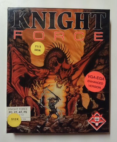 Boîte de Knight Force de Titus, version 3,5 pouces VGA-EGA, illustrée d'un chevalier affrontant un dragon