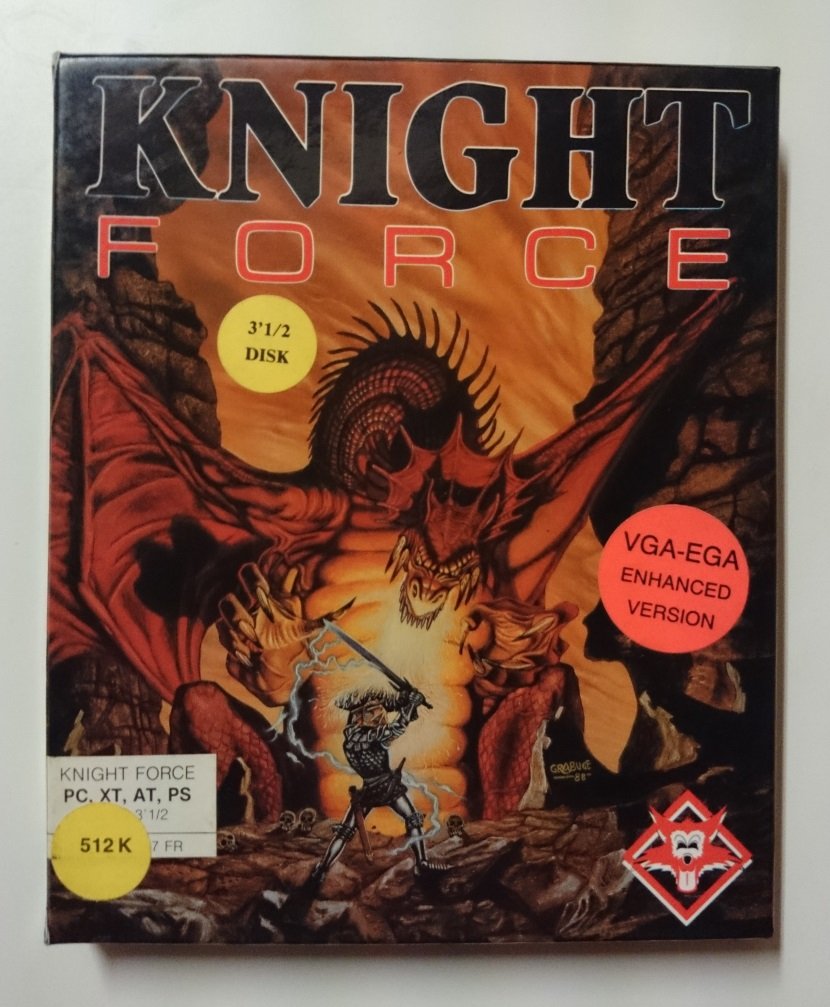 Boîte de Knight Force de Titus, version 3,5 pouces VGA-EGA, illustrée d'un chevalier affrontant un dragon