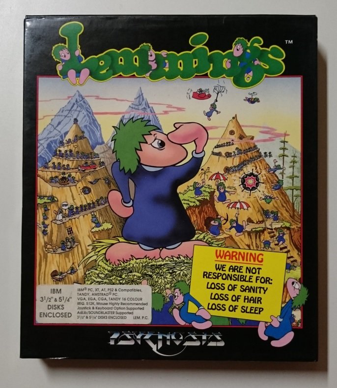 Boîte de la version IBM PC de Lemmings, éditée par Psygnosis, avec son illustration montrant des dizaines de lemmings sur des montagnes