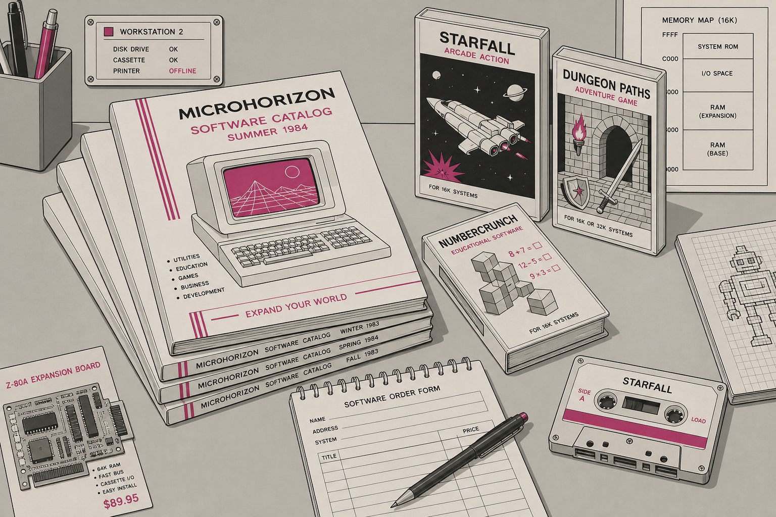 Illustration d'une pile de catalogues de logiciels et de boîtes de jeux en cassette des années 1980 aux couvertures colorées
