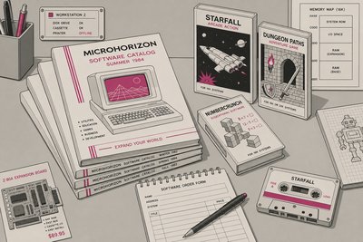 Illustration d'une pile de catalogues de logiciels et de boîtes de jeux en cassette des années 1980 aux couvertures colorées