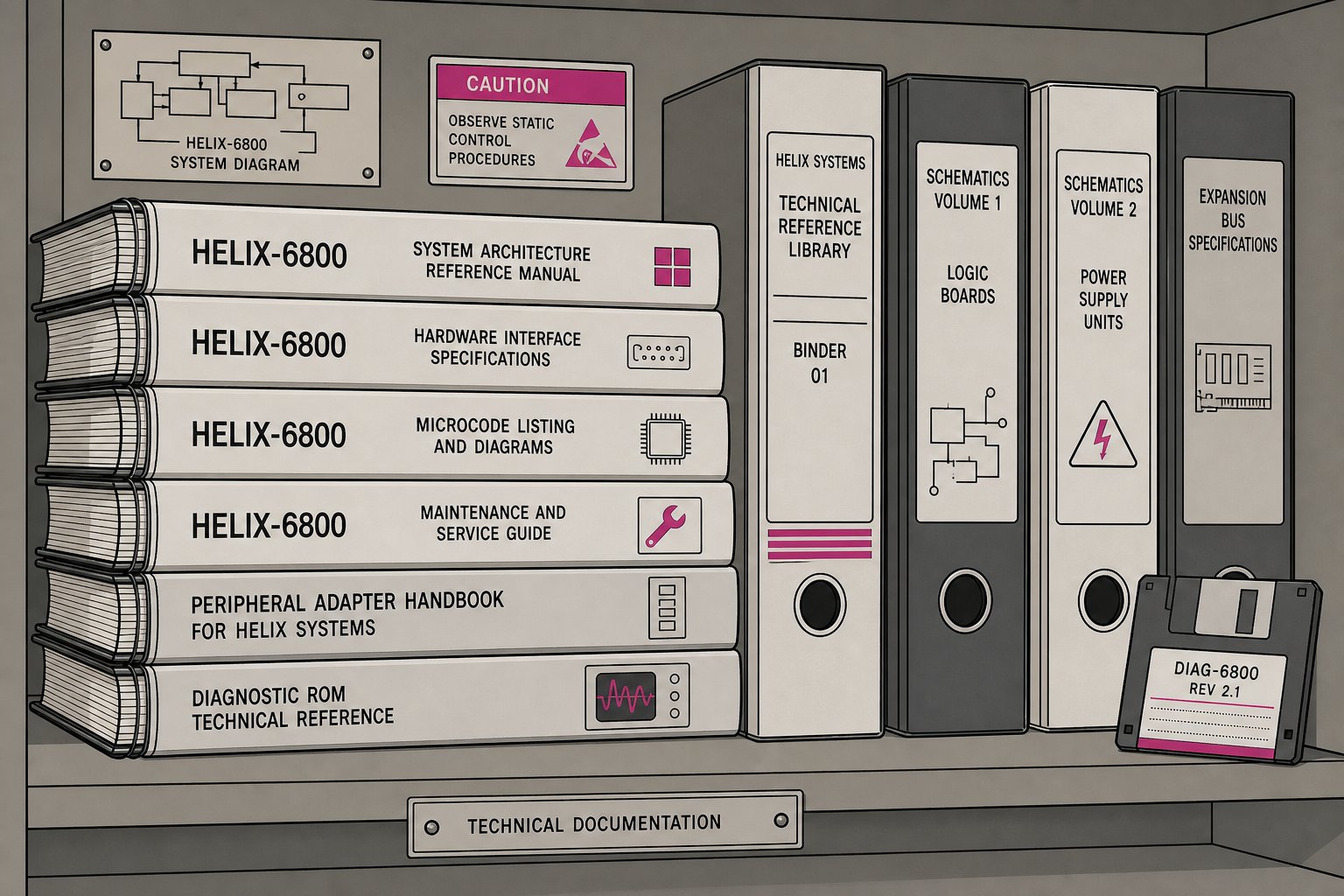 Illustration d'une pile de manuels techniques et de classeurs de référence informatique sur une étagère