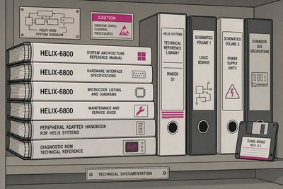 Illustration d'une pile de manuels techniques et de classeurs de référence informatique sur une étagère