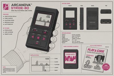 Illustration d'une console de jeu portable des années 1970 avec un petit écran et un clavier à membrane