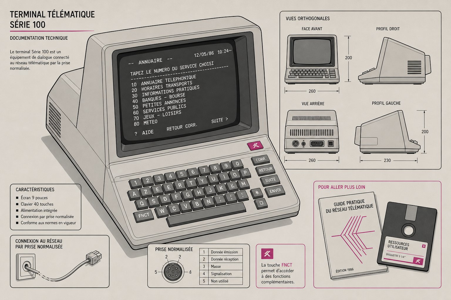 Illustration d'un terminal Minitel avec petit écran monochrome et clavier intégré, affichant un texte d'annuaire