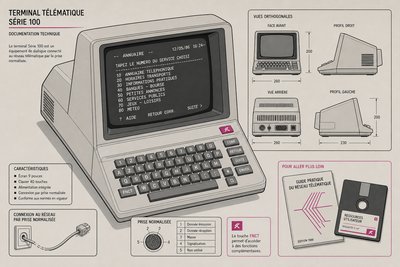 Illustration d'un terminal Minitel avec petit écran monochrome et clavier intégré, affichant un texte d'annuaire