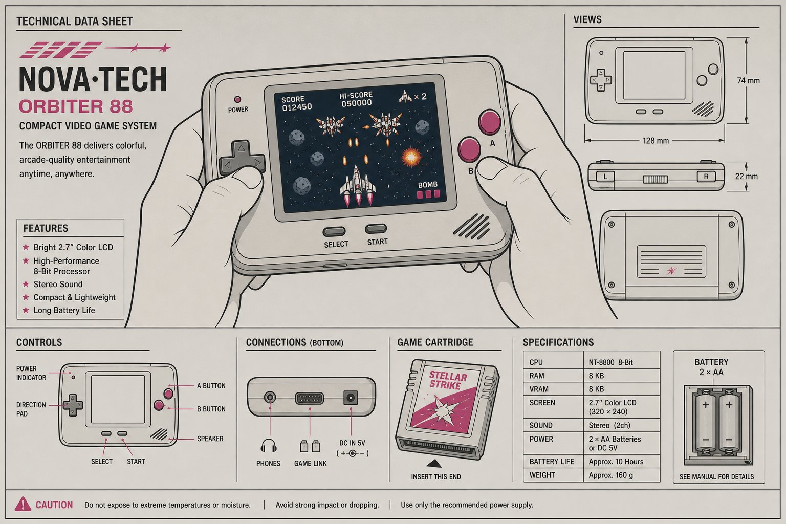 Illustration d'une console de jeu portable compacte des années 1990 tenue à deux mains