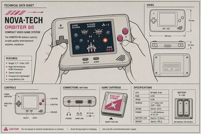 Illustration d'une console de jeu portable compacte des années 1990 tenue à deux mains