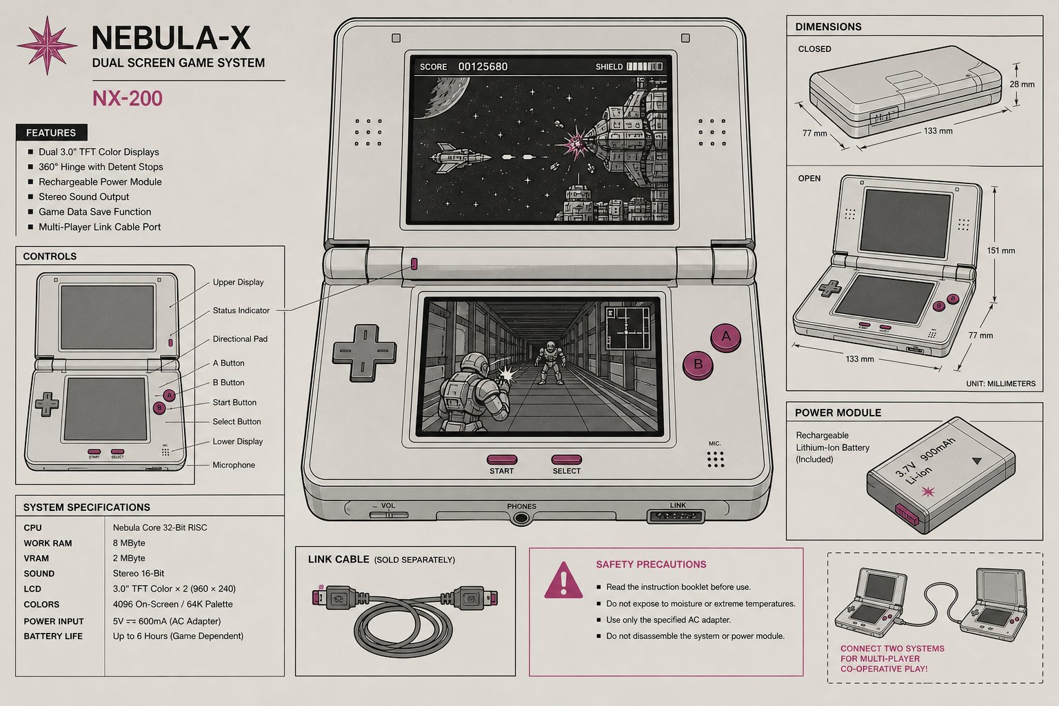 Illustration d'une console de jeu portable à double écran ouverte comme un livre