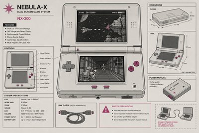 Illustration d'une console de jeu portable à double écran ouverte comme un livre