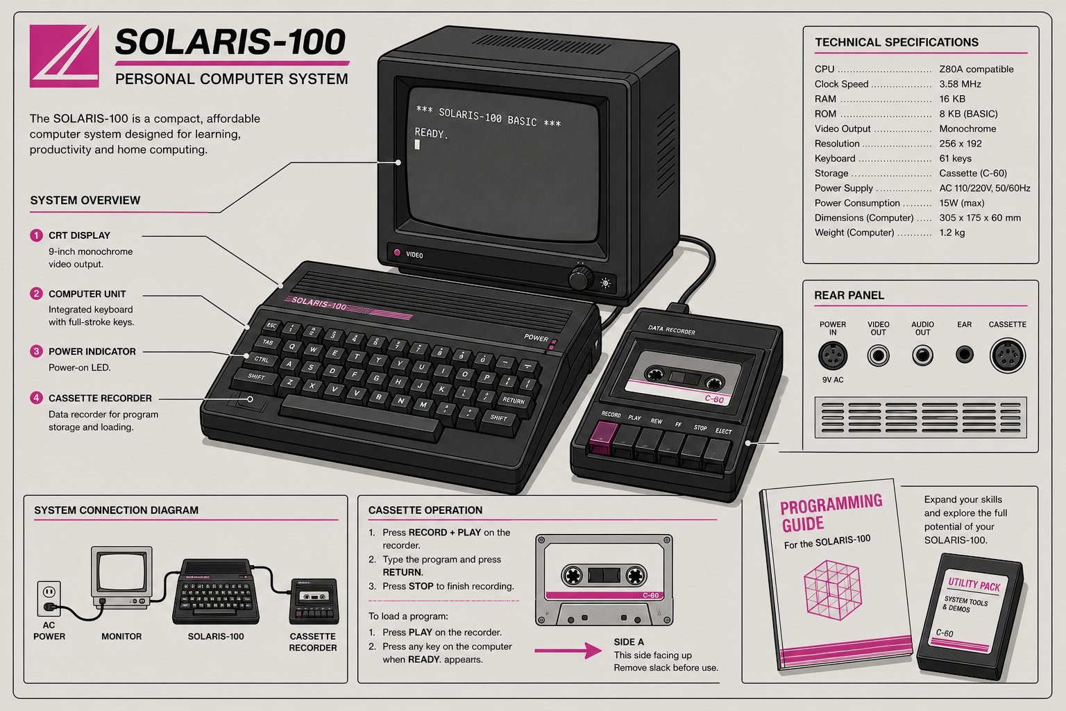 Illustration d'un ordinateur compact des années 1980 avec lecteur de cassette et écran relié