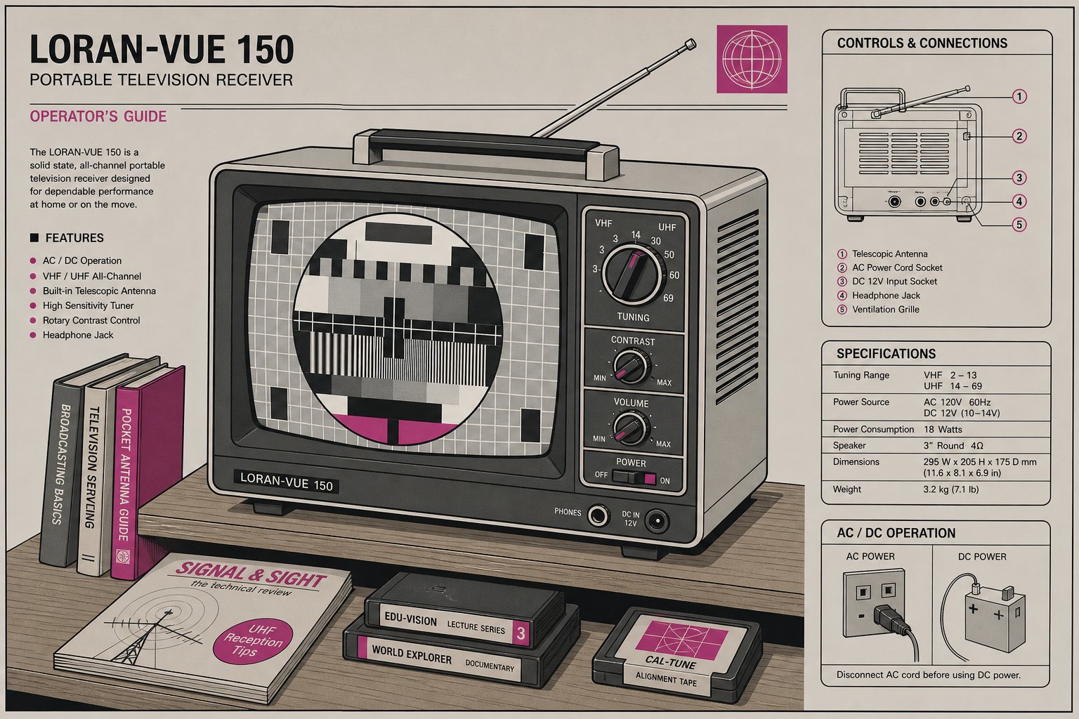 Illustration d'un téléviseur portable des années 1970 posé sur une étagère, écran affichant une mire de test