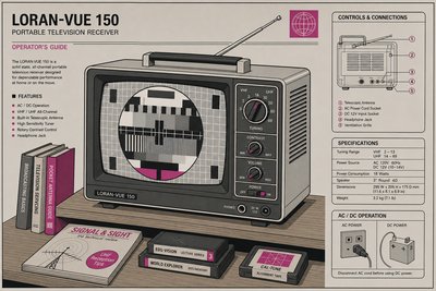 Illustration d'un téléviseur portable des années 1970 posé sur une étagère, écran affichant une mire de test